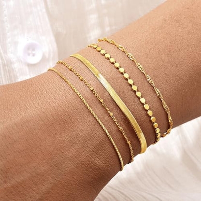 Gold Bracelets for Women, 14K Gold Plated Stackable Bracelet Stack Set Adjustable Charm Small Square Chain Snake Link Layered Waterproof Jewelry Sets Gifts - color: Bracelets-3 Gold