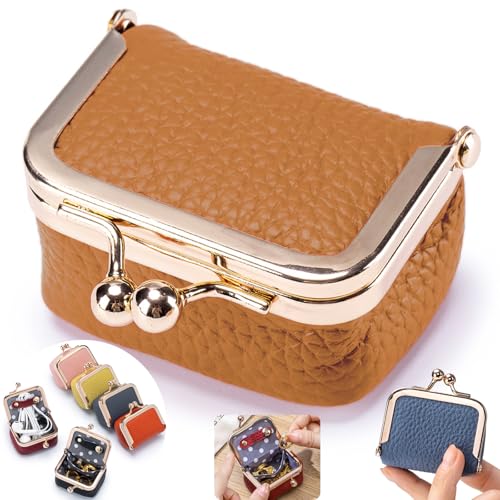 Genuine Leather mini Jewelry box, Portable Travel Jewelry case - Vintage mini Organizer with Kiss Lock for Rings, Earrings, Necklace, Bracelet | Gift for Women (Caramel S 2.56in) - color: Caramel S 2.56in