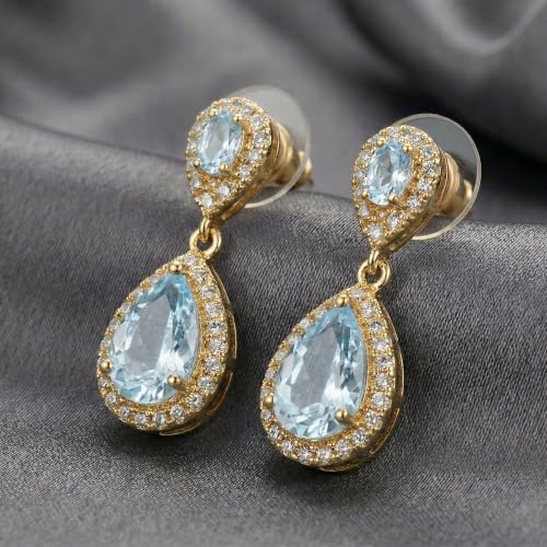 Mariell Cubic Zirconia Crystal Teardrop Dangle Bridal and Wedding Earrings, CZ Jewelry for Brides, Bridesmaids, Homecoming, Prom and Dressy Everyday Wear - color: Gold-Blue Cubic Zirconia