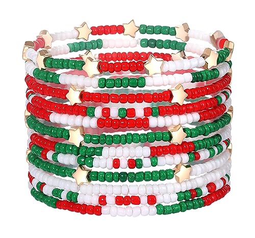 HEIDKRUEGER Bead Stretch Bracelets Independence Colorful Tiny Beaded Stackable Vsco Bracelets Boho Summer Vacation Adjustable Bangle Bracelet for Women Girls 14Pcs - color: 12Pcs Christmas