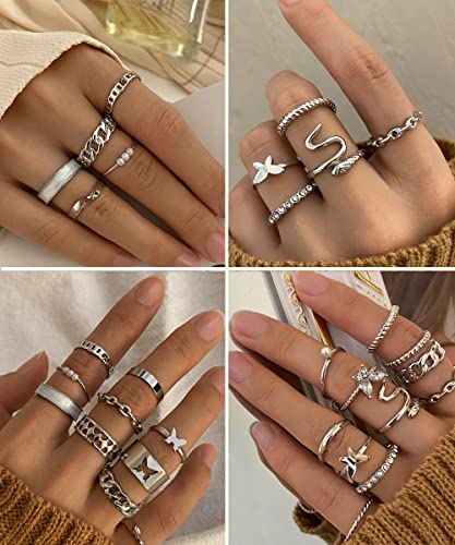 iF YOU 25 Pcs Gold Stackable Ring Set for Women, Chunky Knuckle Finger Midi Rings, Silver Simple Stacking Cute Rings Pack Trendy Stuff Jewelry Gift - style: 30 Silver snake rings