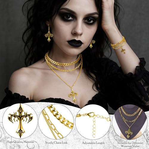Tondiamo 3 Pcs Gothic Jewelry Set Cross Necklace for Women Goth Earrings Bracelet Layered Y2k Choker Costume Accessory - color: Golden, style: Cross