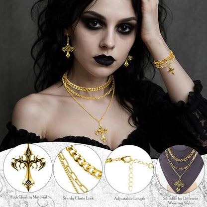 Tondiamo 3 Pcs Gothic Jewelry Set Cross Necklace for Women Goth Earrings Bracelet Layered Y2k Choker Costume Accessory - color: Golden, style: Cross
