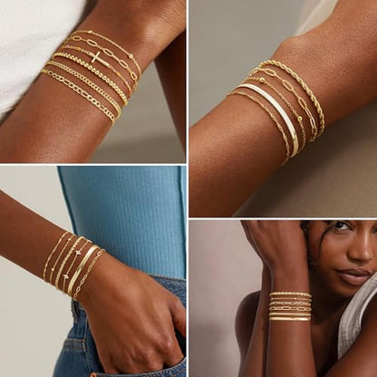 M MOOHAM Gold Bracelets Set for Women No Tarnish | 14K Gold Plated, Dainty Stackable Bracelets Stack for Women, Herringbone Paperclip Rope Cuban Chain Bracelet Set Stack - color: 3.Rope Snake Paperclip Set 1