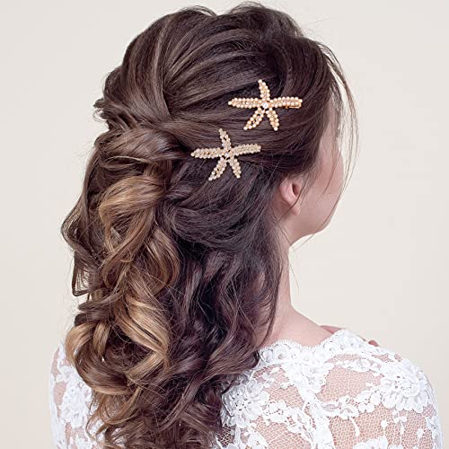 PAGOW 3 PCS Starfish Hair Clips, Gold Rhinestone Pearls Crystal Hair Clips | Sea Star Ponytail Holder, Faux Pearl Crystal Wedding Headpiece Hair Accessories For Women, Girls, Bride(1.73 x 2.48 Inch) - color: 3pcs-gold,style1