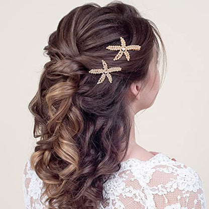 PAGOW 3 PCS Starfish Hair Clips, Gold Rhinestone Pearls Crystal Hair Clips | Sea Star Ponytail Holder, Faux Pearl Crystal Wedding Headpiece Hair Accessories For Women, Girls, Bride(1.73 x 2.48 Inch) - color: 3pcs-gold,style1