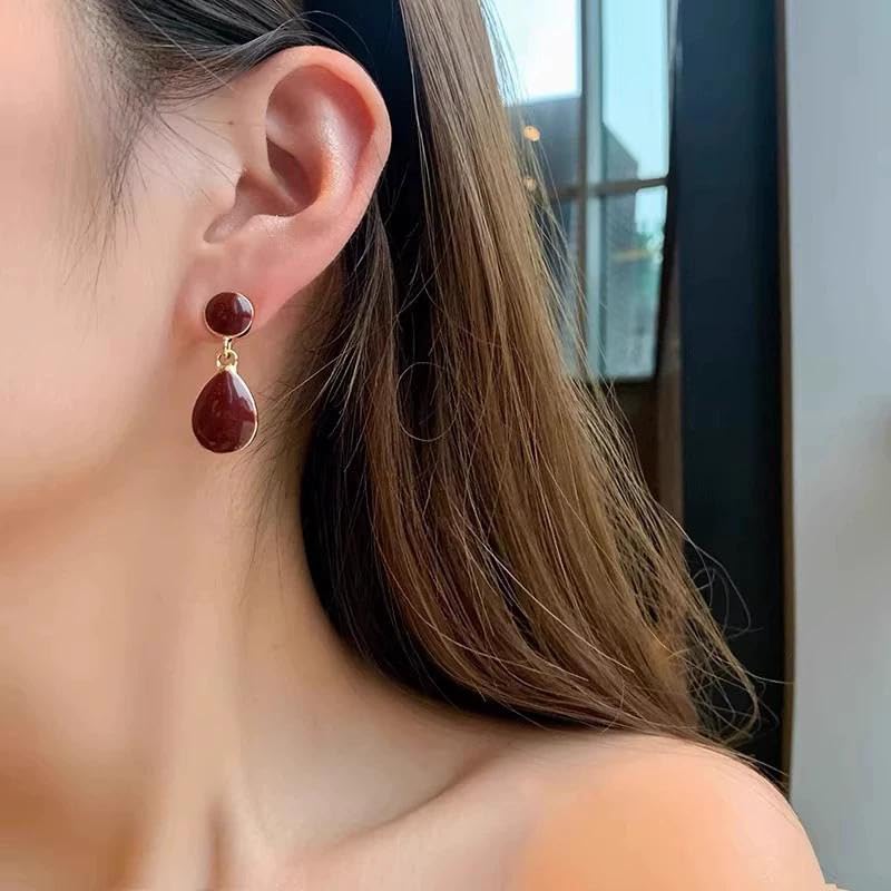 Vintage Enamel Burgundy Dangle Earrings Oval Red Acrylic Dangle Earrings Round Disc Stud Earrings Teardrop Burgundy Drop Earrings Acrylic Red Geometric Earrings Jewelry for Women