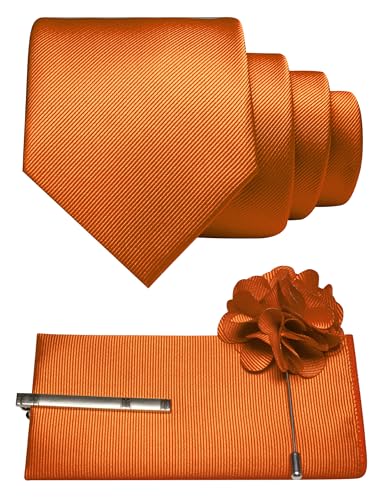 JEMYGINS Formal Necktie Solid Color Tie and Pocket Square with Tie Clip Lapel Pin Sets for Men 4PCS - color: Orange
