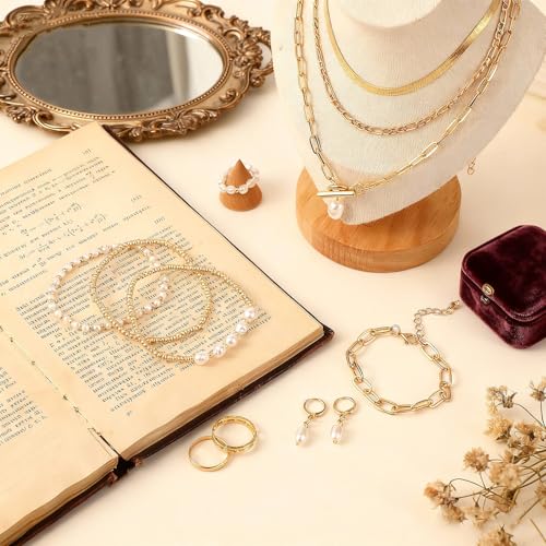 Ecally Bohemian Western Jewelry Turquoise Set Women Country Pendant Long Choker Layered Bracelets Earrings Ring for Women - color: Gold, style: Pearl