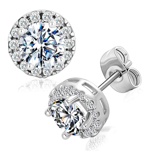 MDFUN Halo Stud Earrings 18K Gold Plated 5A+ Cubic Zirconia Round Earrings Hypoallergenic Ears Jewelry for Women Men - color: White Gold
