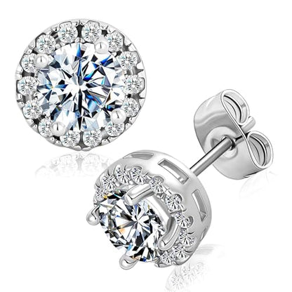 MDFUN Halo Stud Earrings 18K Gold Plated 5A+ Cubic Zirconia Round Earrings Hypoallergenic Ears Jewelry for Women Men - color: White Gold