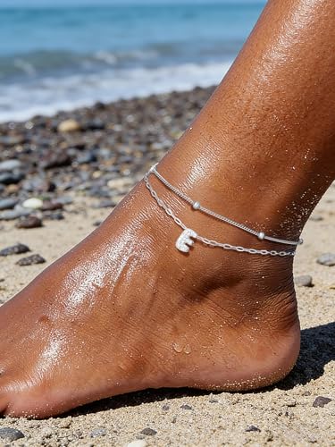 Richsteel Initial Ankle Bracelets for Women Waterproof, 14K Gold Plated/Silver Stainless Steel Anklets, Dainty Adjustable Layered Anklets with Bubble Letter, Non Tarnish Summer Beach Jewelry with Gift Box - color: E-Silver