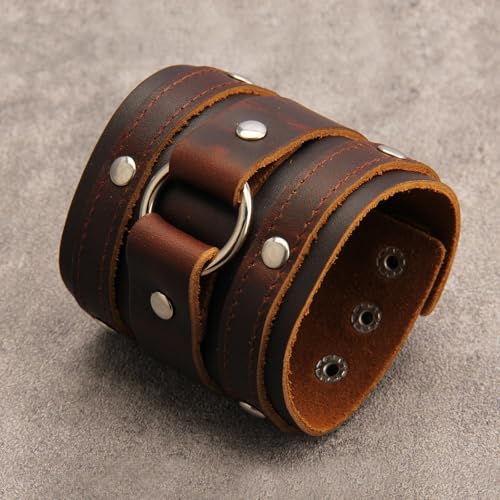 GelConnie Leather Cuff Bracelet for Men Women Wide Leather Wristband Thick Viking Mens Leather Bracelets Gothic Wrist Band Vintage Rock Wristband - style: Brown Leather Wrist