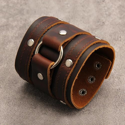 GelConnie Leather Cuff Bracelet for Men Women Wide Leather Wristband Thick Viking Mens Leather Bracelets Gothic Wrist Band Vintage Rock Wristband - style: Brown Leather Wrist