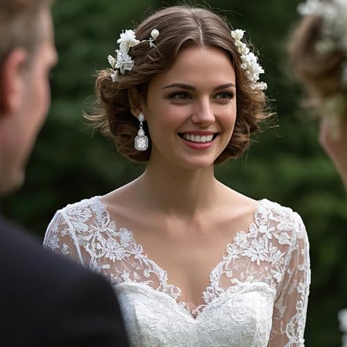 Women's Wedding Bridal Crystal Emerald Cut Infinity Figure 8 Chandelier Clip-On Dangle Earrings - color: Clear Black-Tone