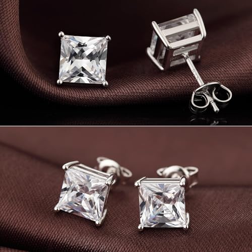 Jiamiaoi 18K White Gold Plated Stud Earrings 925 Sterling Silver Round and Square Cut Princess Cut 5A+ Cubic Zirconia Stud Earrings 4mm to 8mm Fashion Jewelry for Men Women - color: B-Silver-Square, size: 8mm