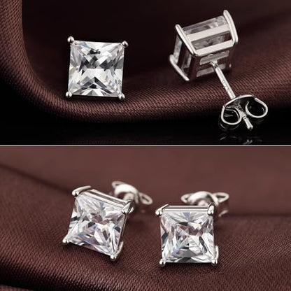 Jiamiaoi 18K White Gold Plated Stud Earrings 925 Sterling Silver Round and Square Cut Princess Cut 5A+ Cubic Zirconia Stud Earrings 4mm to 8mm Fashion Jewelry for Men Women - color: B-Silver-Square, size: 8mm