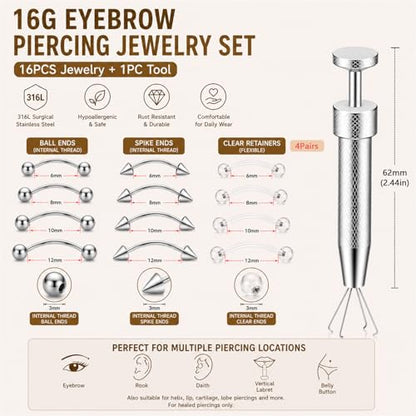 14/16G Eyebrow Piercing Jewelry Set with Tool, Stainless Steel Curved Barbells with Clear Piercing Retainers for Surgery, Ball & Spike Ends, 6/8/10/12mm Eyebrow Rings for Women Men - color: Silver-16pcs-16G