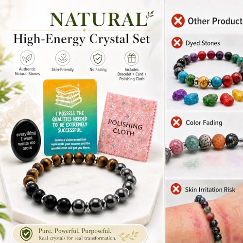 8MM Beaded Stretch Bracelet Gift Set-Natural Healing Crystal | Handmade, Ideal Gift,Unisex, Various Natural Stone ,For Healing&Stress Relief&Money&Protection, For Meditation & Yoga - color: Black