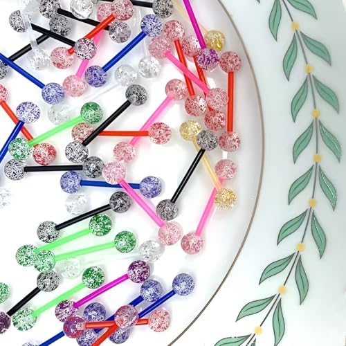 Sequin Barbell Piercing Set for Men Women 14 G Acrylic Tongue Ring Jewellery Long Cute Nipple Piercings Bars Kit Hypoallergenic Flexible Stud 4 pcs Body Jewelry Size 16 MM - color: Purple