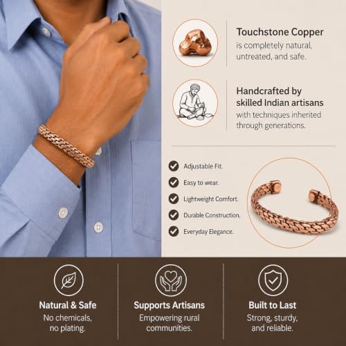 Touchstone Copper bracelet Tibetan style. Hand forged with solid and high gauge pure copper. Elegant weave pattern. - style: Braided 6