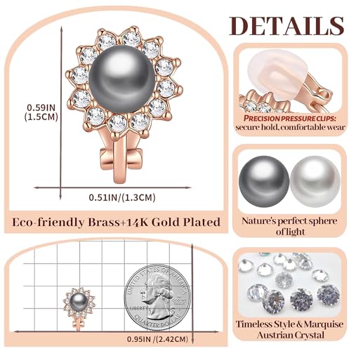 Pearl Clip On Earrings for Women, Austrian Crystal Halo | 14K Gold-Plated Finish, Comfortable Clip-On Fit, Non-Pierced Earrings, Soft Silicone Pads Included, Gift Box Included - color: Black Pearl /Gold-Tone