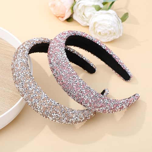 2PCS Rhinestone Wide Headbands for Women Sparkle Padded Headband Fashion Glitter Hairbands Comfort High Elastic Head Band Bling Hair Accessories for Womens Girls Hair