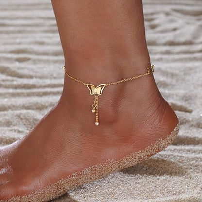 Dainty Gold Anklets for Women Stainless Steel Simple Ankle Bracelets Summer Beach Foot Chain Jewelry Gift - color: Butterfly Tassels