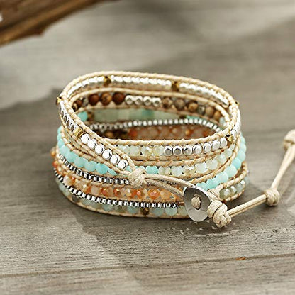 Plumiss Women Boho Handmade Natural Stone Crystal Leather Bead Wrap Bracelets Collection - style: White Stylish 5W