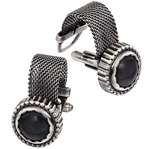 HAWSON Mens Cufflinks with Chain - Stone and Shiny Gold Tone Shirt Accessories - Party Gifts for Young Men - color: Antique Silver Color+Black Cats Eye