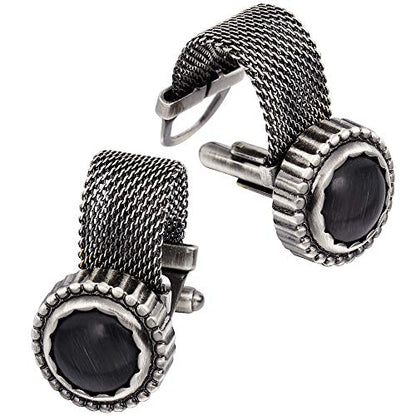 HAWSON Mens Cufflinks with Chain - Stone and Shiny Gold Tone Shirt Accessories - Party Gifts for Young Men - color: Antique Silver Color+Black Cats Eye