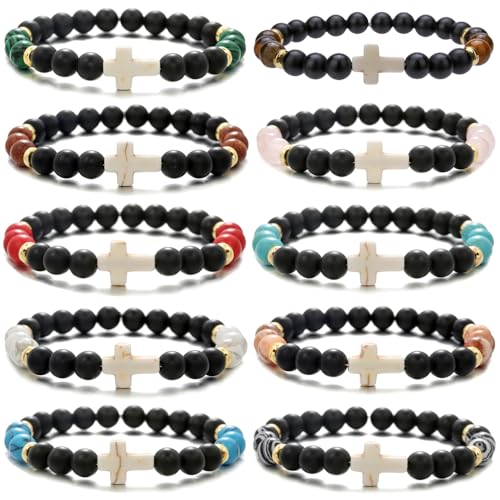 Beaded Bracelets Cross Bracelet for Women Men Lava Rock Turquoise Tiger Eye Natural Bracelet Anxiety Healing - color: 9 Pcs- white cross