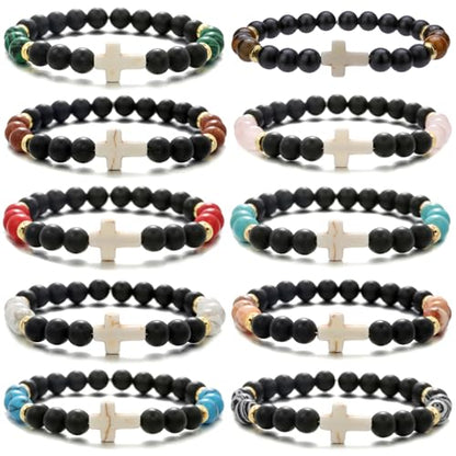 Beaded Bracelets Cross Bracelet for Women Men Lava Rock Turquoise Tiger Eye Natural Bracelet Anxiety Healing - color: 9 Pcs- white cross
