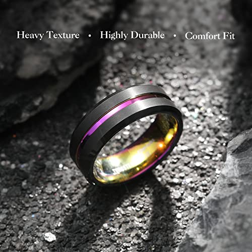 King Will Mens 8mm Cross Groove Tungsten Carbide Wedding Ring | Rose Gold, 8mm, Grooved, Comfort Fit, Cross design, Everyday Wear - color: Black Rainbow 8mm
