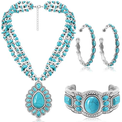 NEWITIN 4 Pieces Silver Bohemian Jewelry Set for Women Fashion Costume Jewels Turquoise Necklace Bracelet Earrings Western Turquoise Jewelry Set for Women - color: Turquoise B
