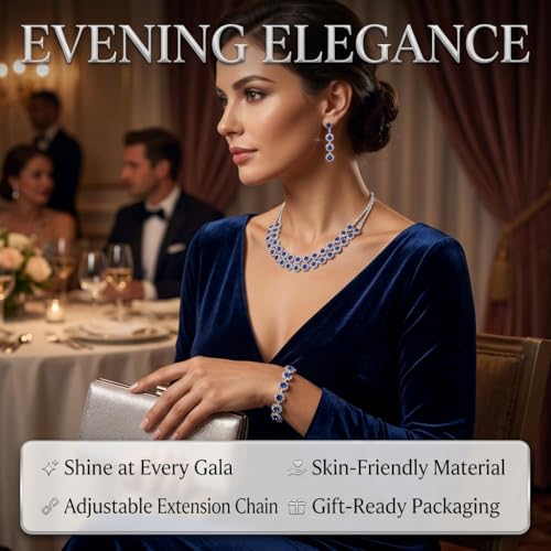 Rhinestone Bridal Wedding Jewelry Set，Crystal Necklace Earrings Bracelet Sets Formal Costume Jewelry for Women and Brides - color: BLUE