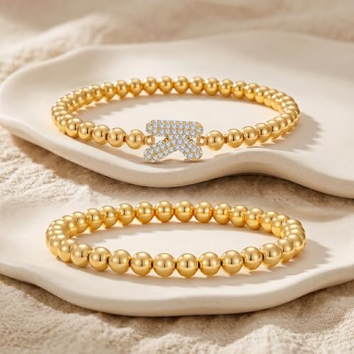 Initial Stack Bracelet Set for Women Trendy 14K Gold Plated Beaded Stackable Stacking Stretch Name Bracelets Dainty Friendship Waterproof Charm Cute Birthday Jewelry Gifts for Women - color: Initial K
