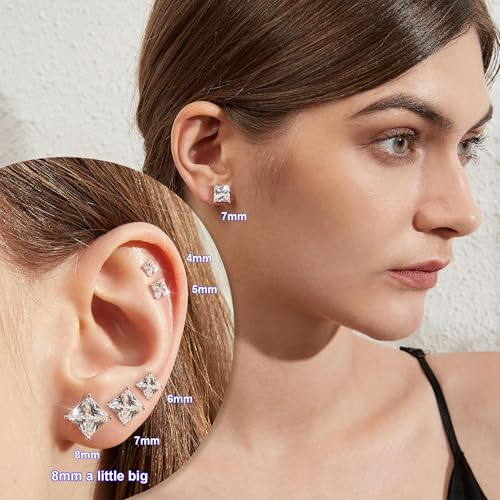 Jiamiaoi 18K White Gold Plated Stud Earrings 925 Sterling Silver Round and Square Cut Princess Cut 5A+ Cubic Zirconia Stud Earrings 4mm to 8mm Fashion Jewelry for Men Women - color: B-Silver-Square, size: 8mm