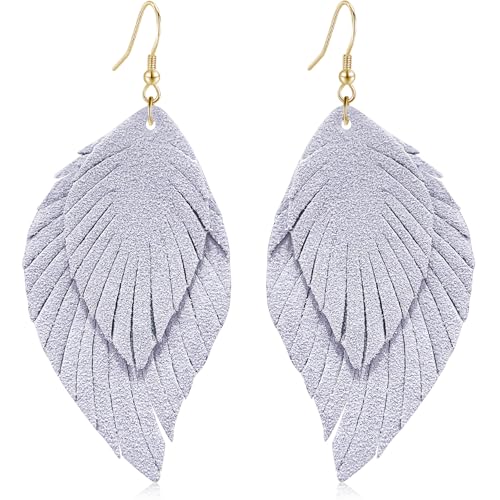 Genuine Leather Handmade Fringe Feather Lightweight Dangle Drop Earrings Teardrop Tassel Hook Earrings for Women - style: 4 Grey
