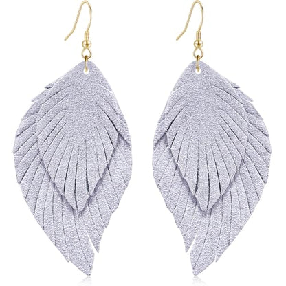 Genuine Leather Handmade Fringe Feather Lightweight Dangle Drop Earrings Teardrop Tassel Hook Earrings for Women - style: 4 Grey