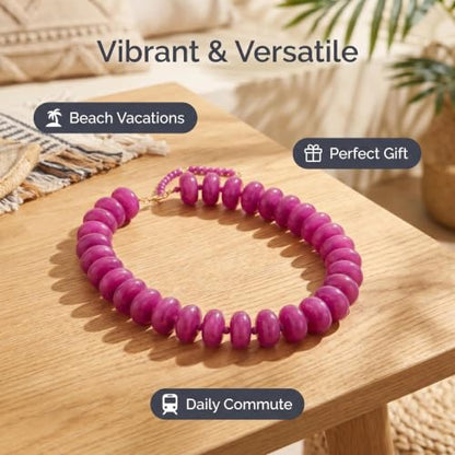Chunky Beaded Statement Necklace for Women, Colorful Rondelle Bead, Bohemian Style, Adjustable Length, Summer Beach Accessory - color: Lavender
