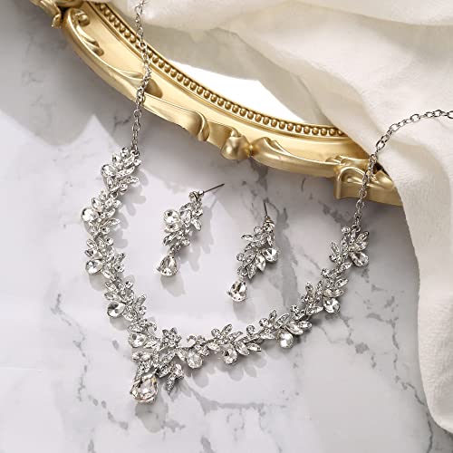 Women's Wedding Jewelry Set Leaf Flower for Bridal Prom Party | Stunning Crystal Teardrop Marquise Cluster Pendant Necklace Dangle Earrings Set for Bride Bridesmaid - color: 04-Clear Silver-Tone