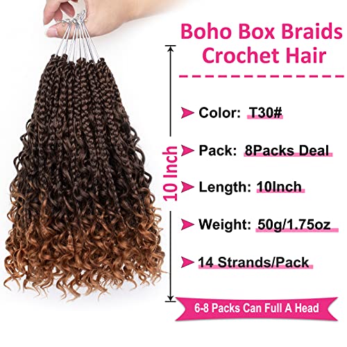 Unionbeauty 8 Packs Boho Box Braids Crochet Hair Goddess Box Braids Crochet Hair Curly Ends Crochet Hair 10 Inch Bohemian Hippie Crochet Braids Synthetic Braiding Hair Extension - color: T30#, size: 10 Inch (Pack of 8)