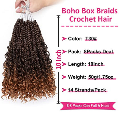 Unionbeauty 8 Packs Boho Box Braids Crochet Hair Goddess Box Braids Crochet Hair Curly Ends Crochet Hair 10 Inch Bohemian Hippie Crochet Braids Synthetic Braiding Hair Extension - color: T30#, size: 10 Inch (Pack of 8)
