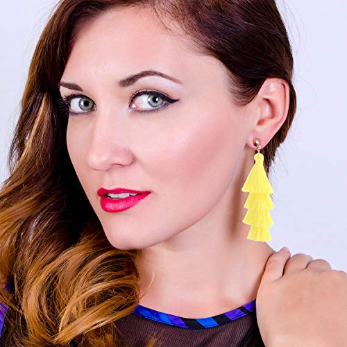 BaubleStar Bohemian Layered Tassel Drop Earrings for Women | Lightweight Statement Party Festival Jewelry - color: Chartreuse