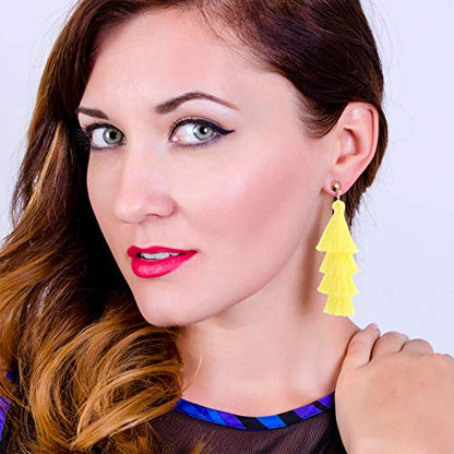 BaubleStar Bohemian Layered Tassel Drop Earrings for Women | Lightweight Statement Party Festival Jewelry - color: Chartreuse