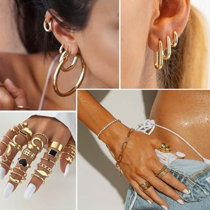 17IF 38-59 Pcs(9-8 Pack) Gold Plated Jewelry Set for Women With 8 Necklace 12 Bracelet 27 Ring 12 Pair Earring Hoop Simple Sparkle for Happy - style: Golden-38Pcs