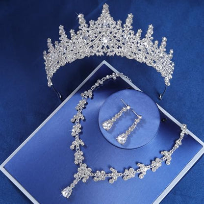 Crystal Crown and Tiara Jewelry Set for Women Bride with Necklace Earrings | Metal Rhinestone Royal Queen Princess Jewelry Set Wedding Quinceanera Pageant Prom Birthday Halloween Party Costume Gift - color: Style E-Silver