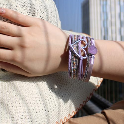 Womens Love Heart Leather Wrap Bracelet Multi-layer Stacked Bangle | Magnetic Clasp Soft PU Leather Resin Stone Rhinestone Boho Style Birthday Valentine Christmas Bohemian Jewelry Gift - color: Purple