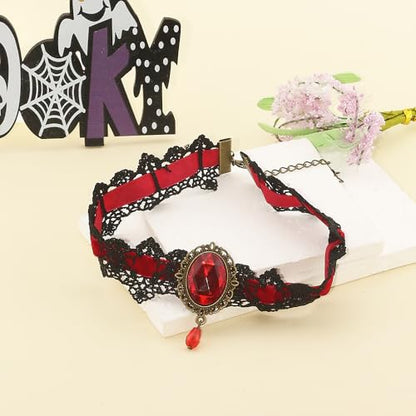 Lace Choker Witch Necklace for Women Halloween Gothic Lace Collar Punk Rhinestone Gothic Necklace Prom Jewelry Halloween Vampire Choker Necklace Costume Emo Witch Accessories - color: Red